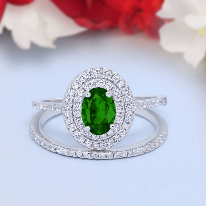 Two Piece Double Halo Art Deco Wedding Band Engagement Ring Oval Simulated Diamond 925 Sterling Silver