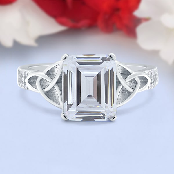 Emerald Cut Celtic Wedding Engagement Ring Round Simulated Diamond 925 Sterling Silver