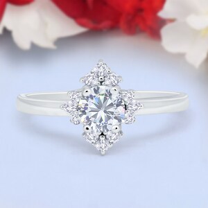 Art Deco Halo Wedding Engagement Ring Round Simulated Diamond 925 Sterling Silver