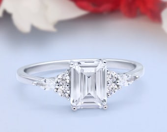 Art Deco Emerald Cut Wedding Engagement Ring Marquise Round Simulated Diamond 925 Sterling Silver