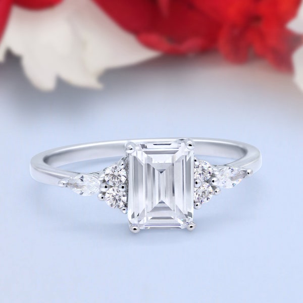 Art Deco Emerald Cut Wedding Engagement Ring Marquise Round Simulated Diamond 925 Sterling Silver