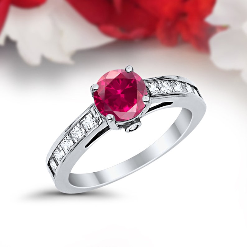 Art Deco 1.00CT Princess Cut Round Simulated Ruby 14K Solid White Gold Wedding Engagement Ring Anniversary Bridal Not Plated Solid Gold