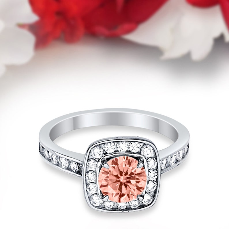Solid 14K White Gold Halo Vintage Solitaire Accent Wedding Engagement Ring Bridal 1.00 Carat Round Morganite CZ Accent