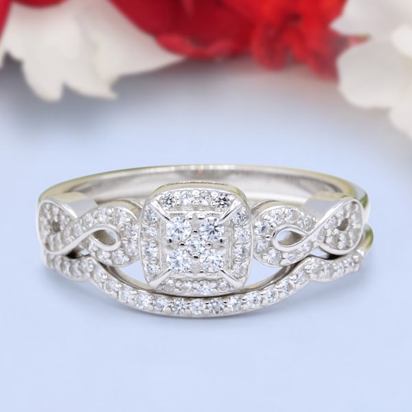 Infinity Bridal Set Two Piece Vintage Wedding Engagement Ring Band Round Simulated Cubic Zirconia 925 Sterling Silver