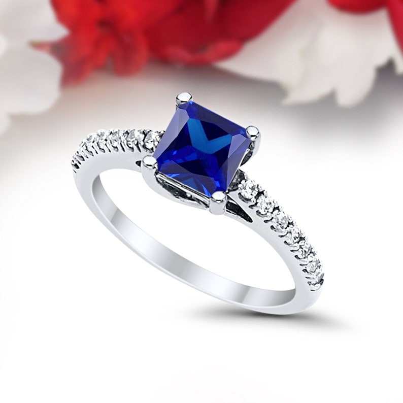 Solid 14K White Gold Vintage Solitaire Accent Wedding Engagement Ring Bridal 1.00 Carat Princess Cut Round Blue Sapphire cz Accent