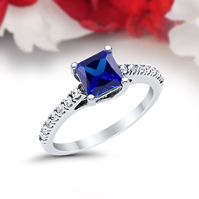 Solid 14K White Gold Vintage Solitaire Accent Wedding Engagement Ring Bridal 1.00 Carat Princess Cut Round Blue Sapphire cz Accent