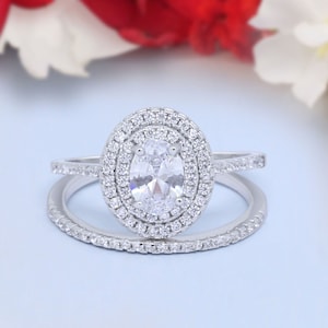 Two Piece Double Halo Art Deco Wedding Band Engagement Ring Oval Simulated Diamond 925 Sterling Silver
