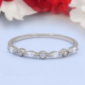 Half Eternity Marquise Band Wedding Ring Round Diamond 925 Sterling Silver