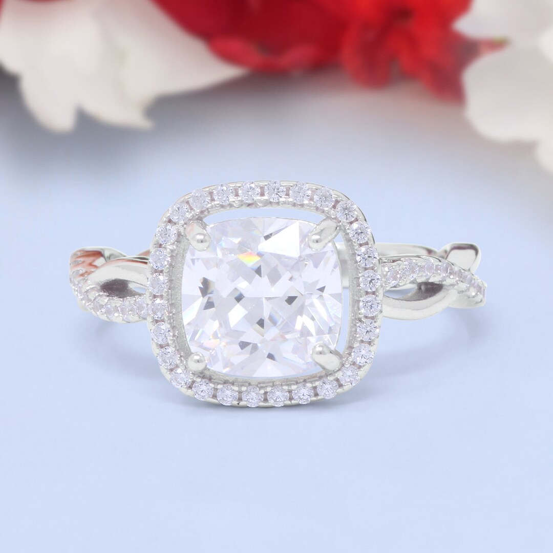 Infinity Shank Cushion Cut Art Deco Halo Engagement Ring Round Etsy