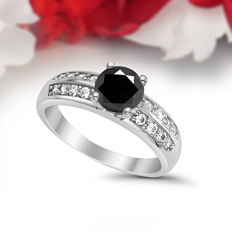 Double Accent 1.00CT Vintage Round Simulated Black CZ 14K Solid White Gold Wedding Engagement Ring Anniversary Bridal Not Plated Solid Gold