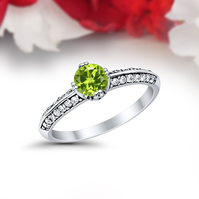 Art Deco Peridot Solid 14K White Gold Vintage Classic Solitaire Accent Dazzling Wedding Engagement Ring Bridal .075 Carat Round Simulated