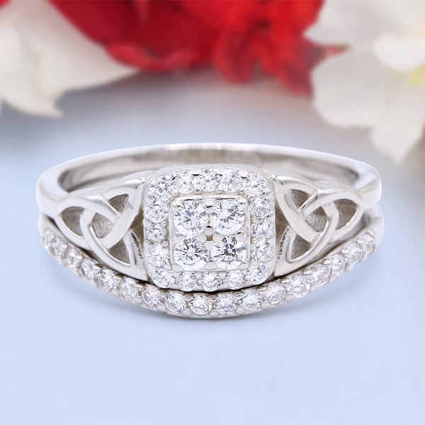 Celtic Bridal Set Two Piece Vintage Wedding Engagement Anniversary Ring Band Round Simulated Diamond 925 Sterling Silver