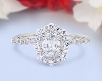 Vintage Art Deco Halo Oval Wedding Engagement Bridal Ring Round Simulated Diamond 925 Sterling Silver