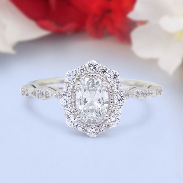 Vintage Art Deco Halo Oval Wedding Engagement Bridal Ring Round Simulated Diamond 925 Sterling Silver