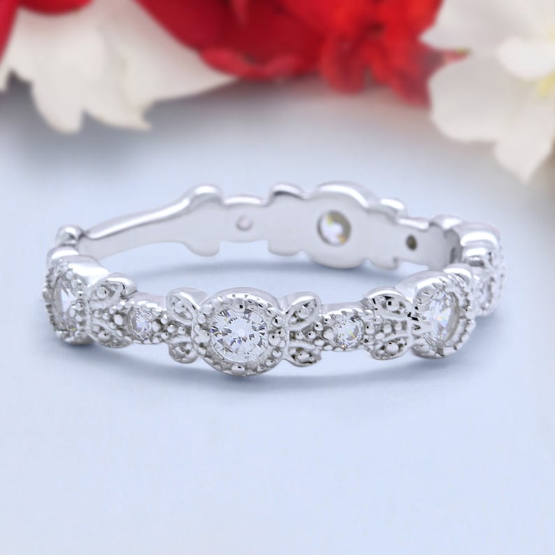 4mm Art Deco Wedding Eternity Band Stackable Round Diamond 925 Sterling Silver