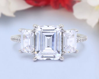 Three Stone Radiant Cut Wedding Engagement Bridal Ring Round Simulated Diamond 925 Sterling Silver