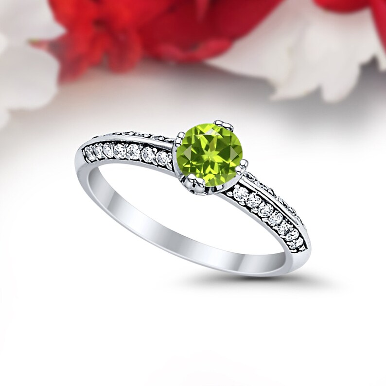 Art Deco Peridot Solid 14K White Gold Vintage Classic Solitaire Accent Dazzling Wedding Engagement Ring Bridal .075 Carat Round Simulated