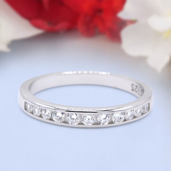 Channel Half Eternity Ring Wedding Engagement Band Round Pave Simulated Diamond 925 Sterling Silver