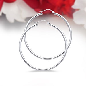 Hoop Earrings Solid 14K White Gold 35mm (1.3&quot;) Hoop Earrings 2mm Thick Light Earrings Hoop White Gold Hoop