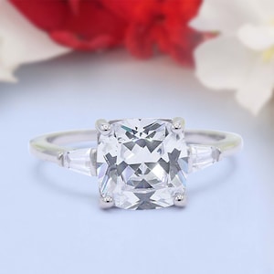 Cushion Cut Art Deco Wedding Bridal Ring Baguette Simulated Diamond 925 Sterling Silver