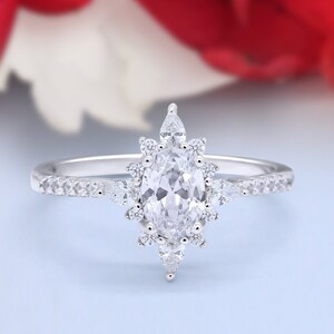 Art Deco Vintage Oval Halo Wedding Engagement Bridal Ring Round Simulated Diamond 925 Sterling Silver