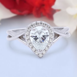 Teardrop Pear Halo Twist Infinity Shank Art Deco Engagement Wedding Bridal Ring Round Simulated Diamond 925 Sterling Silver