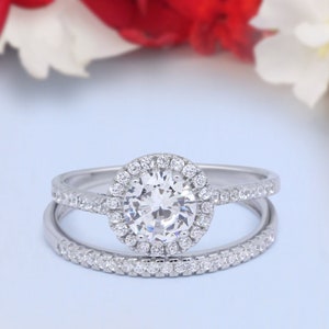 Halo Two Piece Wedding Engagement Ring Band Round Simulated Diamond 925 Sterling Silver