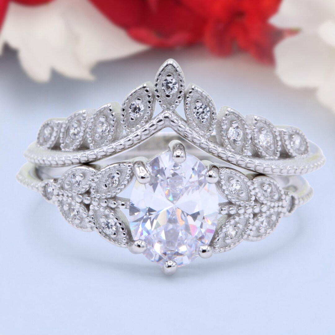 Set Rig Band Two Piece Vintage Style Art Deco Wedding Engagement Bridal Set Ring ...