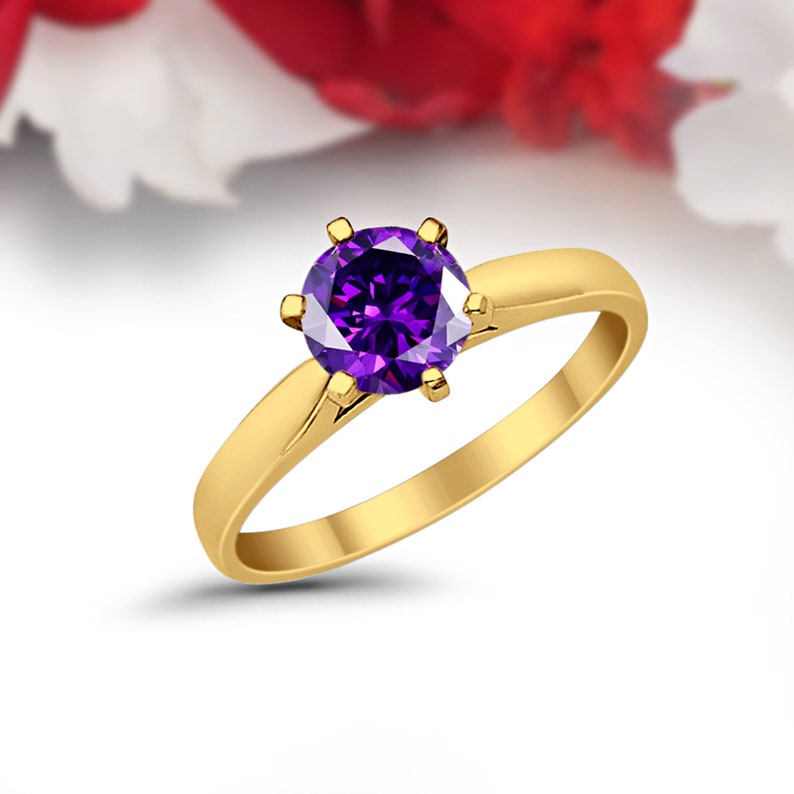 Solitaire 1.25 Carat Round Amethyst CZ 14K Solid Yellow Gold Wedding Engagement Ring 6 Prong Bridal Not Plated Solid Gold