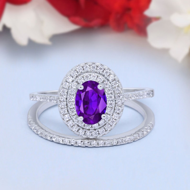 Two Piece Double Halo Art Deco Wedding Band Engagement Ring Oval Simulated Diamond 925 Sterling Silver