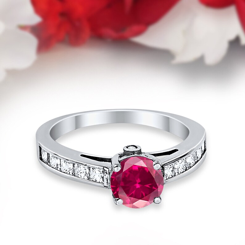 Art Deco 1.00CT Princess Cut Round Simulated Ruby 14K Solid White Gold Wedding Engagement Ring Anniversary Bridal Not Plated Solid Gold