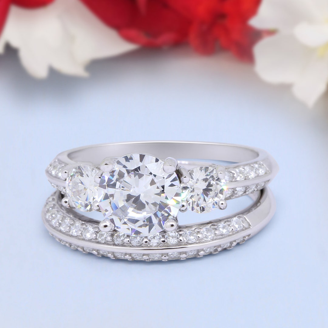 Three Stone Wedding Ring Half Eternity Band Bridal Set Round Simulated