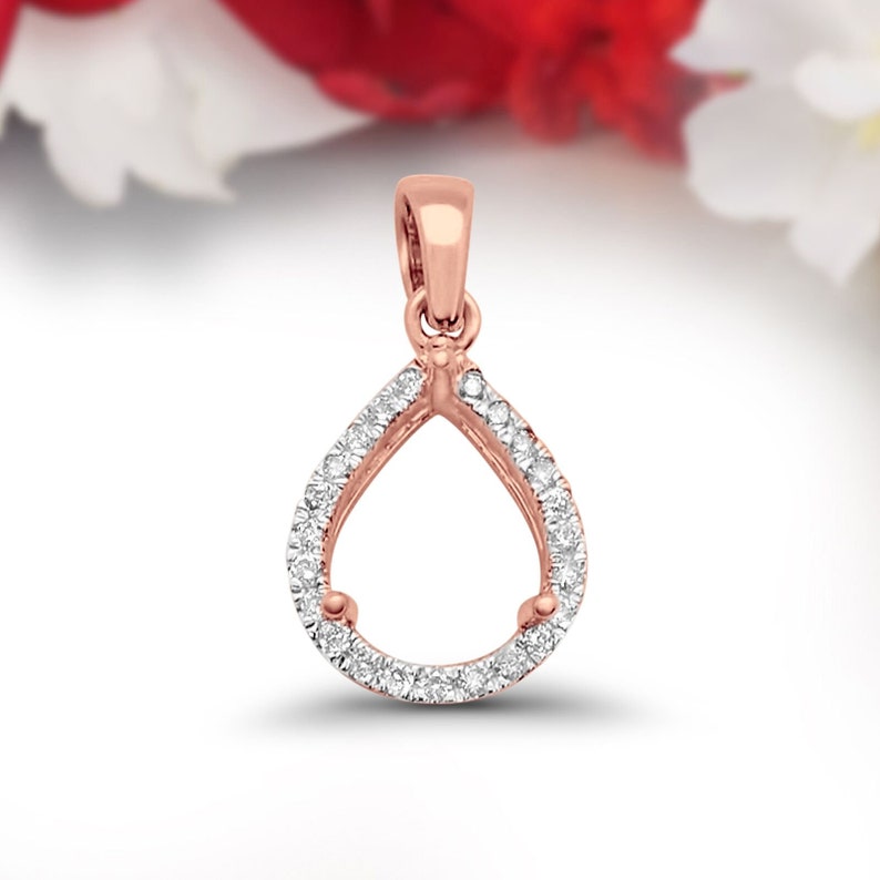 Art Deco Solid 0.13ct 14k Rose Gold Pear Teardrop Diamond Semi Mount Pendant
