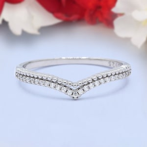 Art Deco Half Eternity Stackable Curved V Chevron Midi Band Wedding Engagement Ring Simulated Diamond 925 Sterling Silver