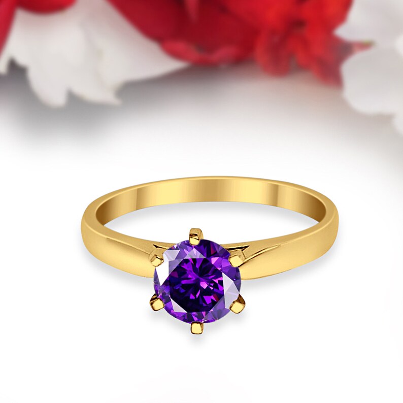 Solitaire 1.25 Carat Round Amethyst CZ 14K Solid Yellow Gold Wedding Engagement Ring 6 Prong Bridal Not Plated Solid Gold