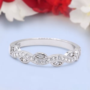 Art Deco Marquise Half Eternity Ring Crisscross Wedding Engagement Band Round Pave Simulated Diamond 925 Sterling Silver