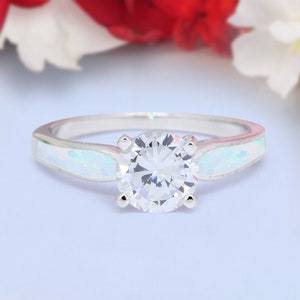 Solitaire Accent Engagement Ring Round Diamond Created Opal 925 Sterling Silver