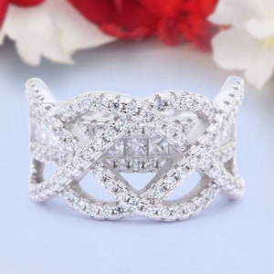 Weave Princess Cut Infinity Twisted Wedding Ring Round Simulated Diamond 925 Sterling Silver