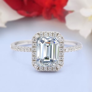 Emerald Cut Art Deco Halo Wedding Bridal Engagement Ring Round Simulated Diamond 925 Sterling Silver