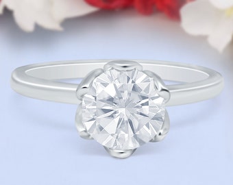 Flower Solitaire Wedding Engagement Ring Round Simulated Diamond 925 Sterling Silver