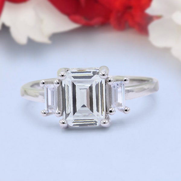 Emerald Cut Art Deco Three Stone Wedding Ring Simulated Diamond 925 Sterling Silver