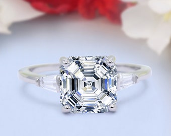 Asscher Cut Art Deco Wedding Engagement Ring Bridal Baguette Simulated Diamond 925 Sterling Silver
