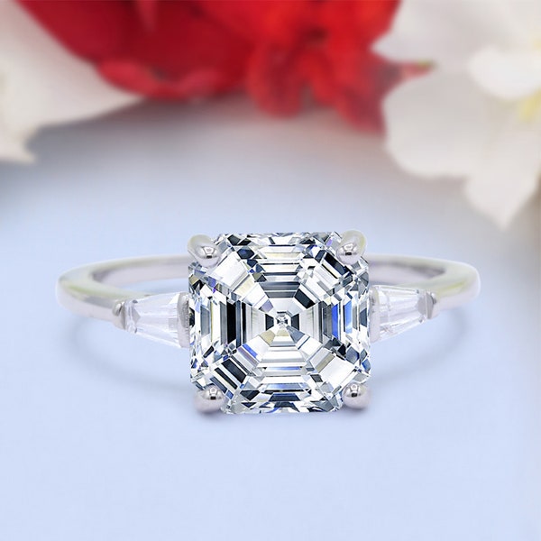 Asscher Cut Art Deco Wedding Engagement Ring Bridal Baguette Simulated Diamond 925 Sterling Silver