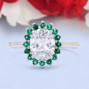 Oval Art Deco Wedding Engagement Bridal Ring Accent Vintage Round Simulated Green Emerald Diamond 925 Sterling Silver