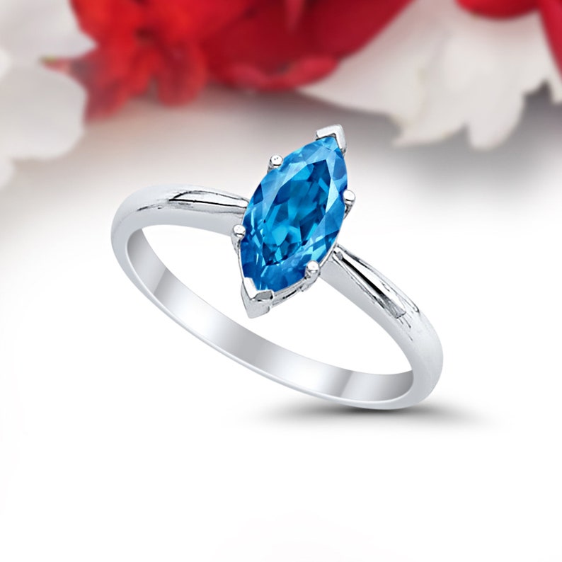 Solitaire Marquise Wedding Engagement Ring 1.00CT Marquise Shape Simulated Blue Topaz Solid 14K White Gold Dazzling Anniversary Bridal