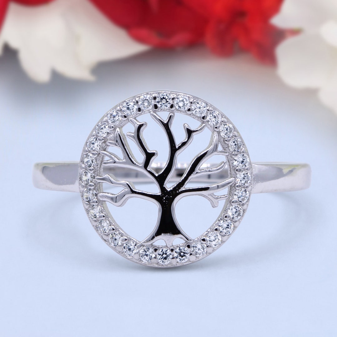 Tree of Life Ring Wedding Ring Halo Round Simulated Diamond 925