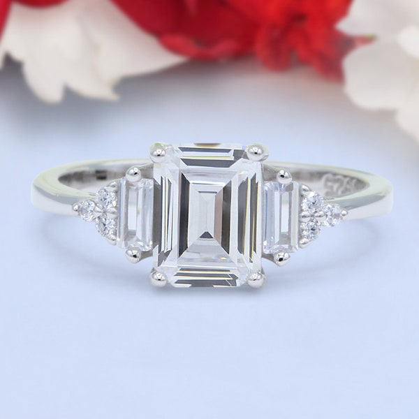 Emerald Cut Art Deco Bridal Wedding Engagement Ring Baguette Simulated Cubic Zirconia 925 Sterling Silver