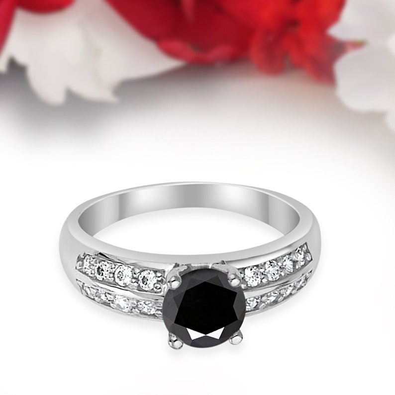 Double Accent 1.00CT Vintage Round Simulated Black CZ 14K Solid White Gold Wedding Engagement Ring Anniversary Bridal Not Plated Solid Gold