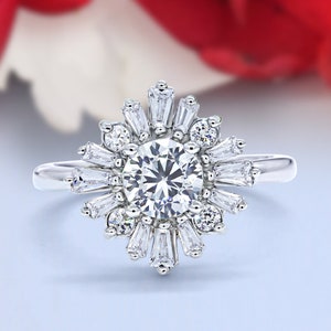 Halo Floral Style Vintage Art Deco Wedding Engagement Ring Baguette Round Simulated Diamond 925 Sterling Silver