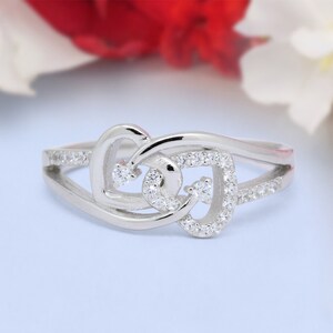 Double Heart Promise Ring Round Diamond 925 Sterling Silver Split Shank